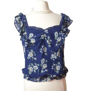 Max Studio Womens Sleeveless Top L Navy Blue Chic Floral Ruffled Fairy Cottage